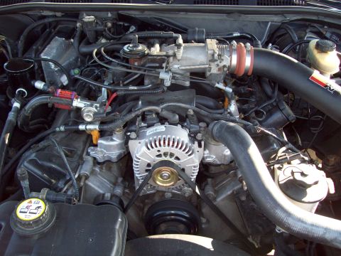 1999 Mercury Grand Marquis - Close-up view of a vehicle's engine bay, showing various components and hoses.