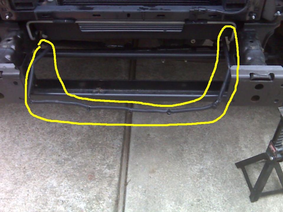 front bumper reinforcement bar with yellow outline