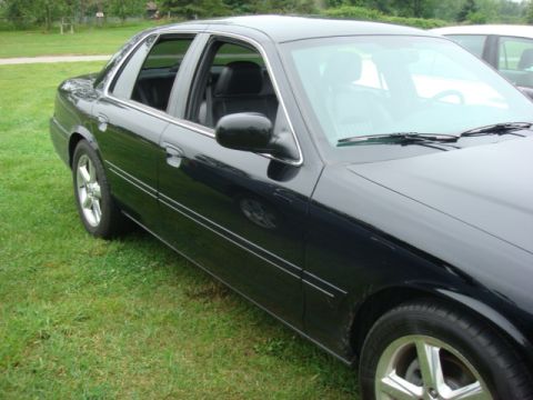 2004 Ford Crown Victoria - A black sedan is parked on a grassy area with trees in the background.