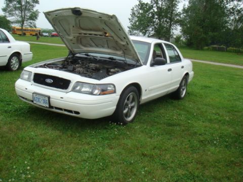 2004 Ford Crown Victoria - A white 2004 Ford Crown Victoria is parked on a grassy field with its hood open, revealing the engine compartment.