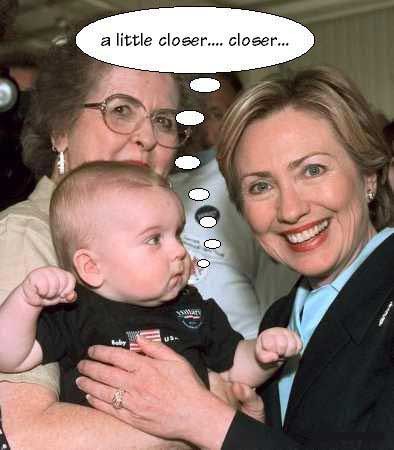 1980 Jeep CJ7 - A woman holds a baby while standing next to Hillary Clinton, with a thought bubble above the woman.