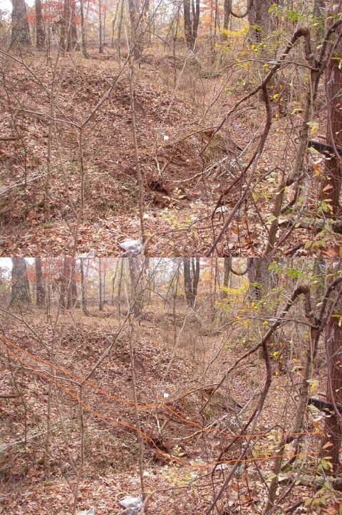 1983 Ford Bronco - This is how the crossing looked (to the South) after pulling the stuck tractor out. The trail isn't apparent, so it's marked in orange in t…