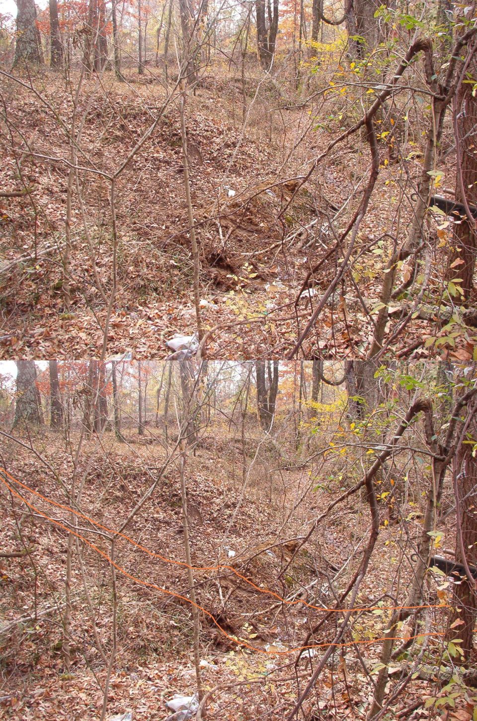This is how the crossing looked (to the South) after pulling the stuck tractor out.

The trail isn't apparent, so it's marked in orange in the lower pane.