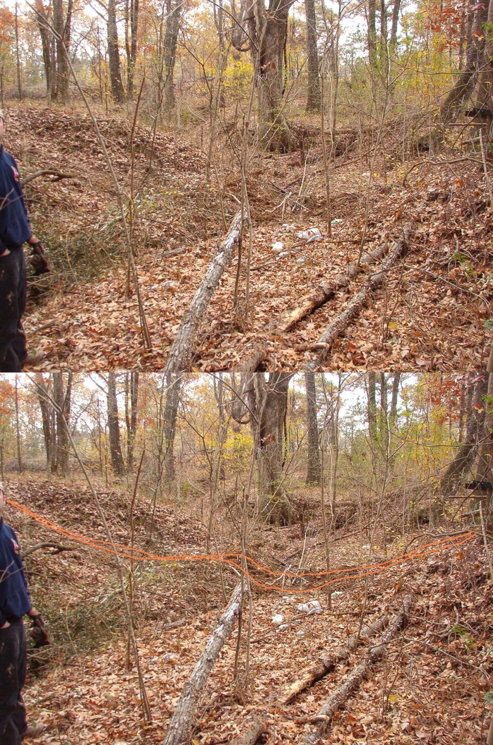 Another view to the South from further back.  We're cutting into the bank on the R to fill in the ruts.

The trail isn't apparent, so it's marked in orange in the lower pane.