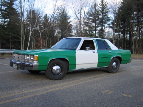 1991 Ford LTD Crown Victoria - green-and-white two-tone Ford sedan photographed from the front quarter on a roadway with bare trees behind.