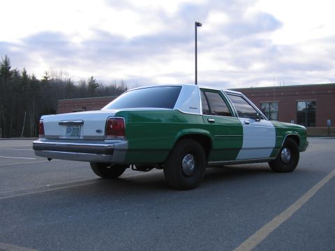 1991 Ford LTD Crown Victoria - green-and-white two-tone Ford sedan from the rear driver side in a parking lot under an overcast sky.