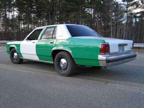 1991 Ford LTD Crown Victoria - Rear three-quarter view of a green-and-white full-size Ford sedan parked on an empty paved lot edged by tall pine trees.