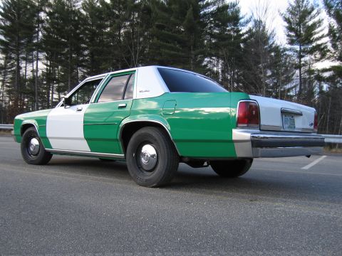 1991 Ford LTD Crown Victoria - green-and-white full-size Ford sedan photographed from the rear three-quarter angle on a paved lot lined with pines.