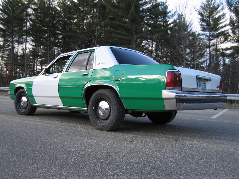 Green and white Ford sedan, rear three-quarter view, on paved lot by pine woods