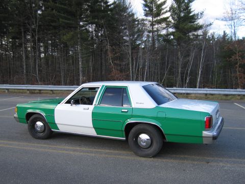 1991 Ford LTD Crown Victoria - Rear three-quarter view of a green-and-white full-size Ford sedan on an open paved lot backed by woods.