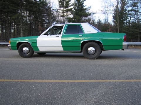 1991 Ford LTD Crown Victoria - Side profile of a green-and-white full-size Ford sedan parked on a paved lot with pine trees behind it.