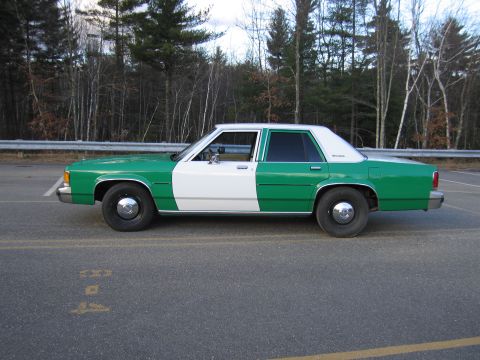 1991 Ford LTD Crown Victoria - Driver-side profile of a green-and-white full-size Ford sedan parked on a paved lot in front of leafless trees.