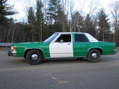 1991 Ford LTD Crown Victoria - Front three-quarter view of a green-and-white full-size Ford sedan parked on a paved lot edged with trees.