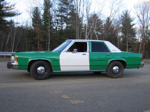 1991 Ford LTD Crown Victoria - Side view of a green-and-white full-size Ford sedan parked on a paved lot backed by pine and bare trees.