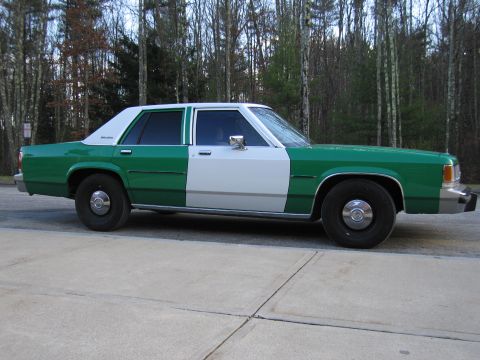 1991 Ford LTD Crown Victoria - Driver-side profile of a green-and-white Ford sedan with wheel-cover-less black steel wheels, parked on pavement.