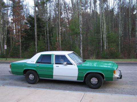 1991 Ford LTD Crown Victoria - Passenger-side profile of the green-and-white Ford four-door sedan parked on pavement in front of bare woods.