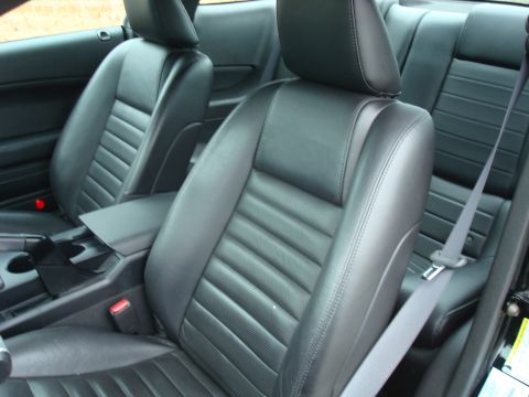 2007 Ford Mustang - Interior view of a 2007 Ford Mustang, highlighting the black leather seats and seatbelt system.