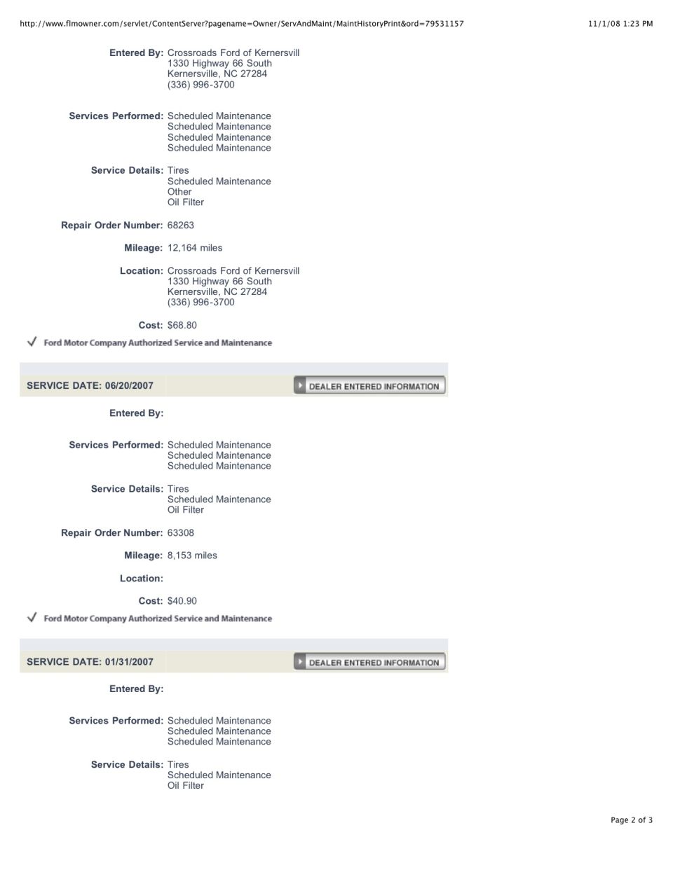 Ford vehicle service history document listing maintenance dates, mileage, and costs