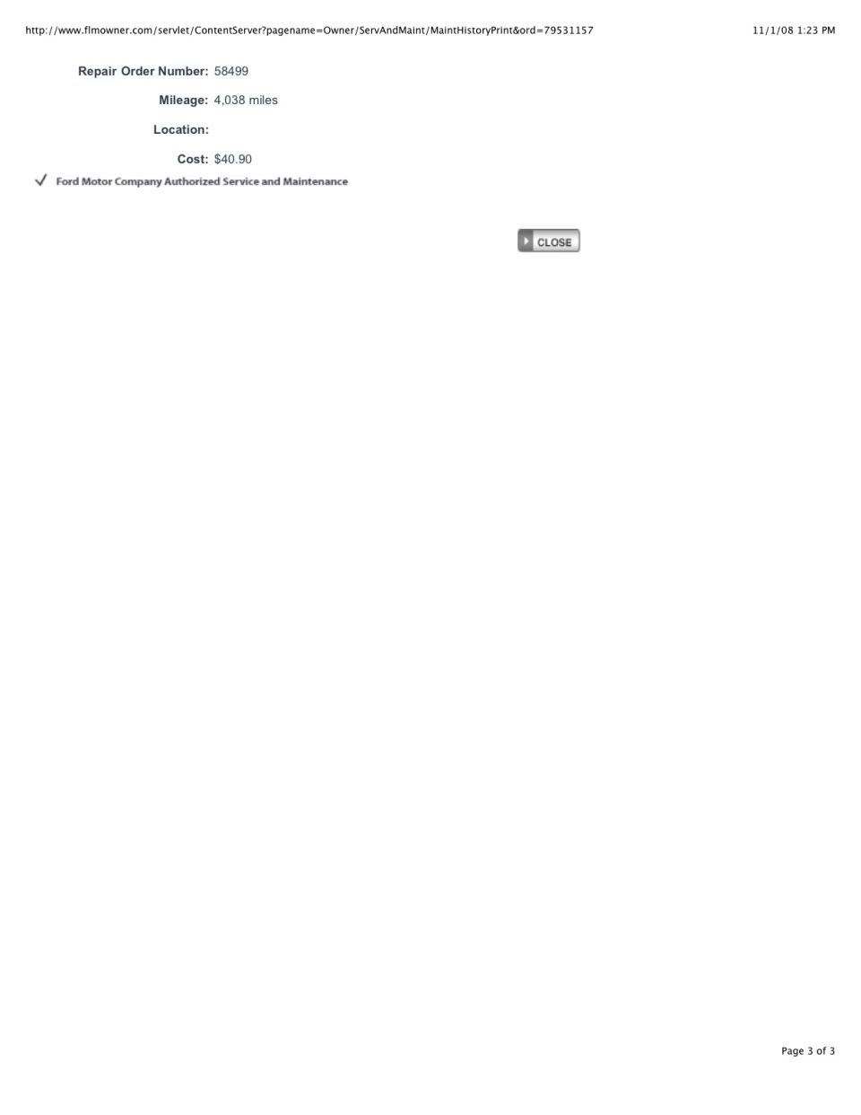 Ford service history printout: RO 58499, 4,038 miles, $40.90 cost