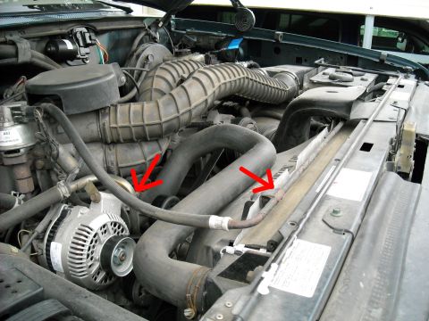 1994 Ford Bronco - Close-up view of the engine compartment, showing various hoses and the alternator.
