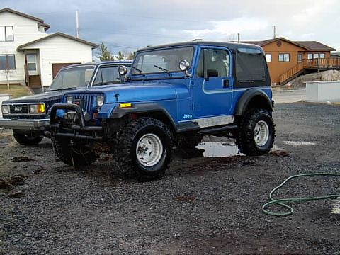 1991 Jeep Wrangler - A blue 1991 Jeep Wrangler is parked next to another vehicle under a cloudy sky.