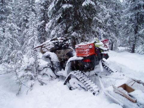 2000 Ford E350 - A snowmobile is stuck in a snowy forest, with an orange crate attached to its rear.