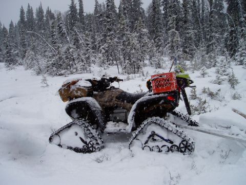 2000 Ford E350 - An ATV equipped with tracks sits in a snowy forest with an orange crate on its rear rack.