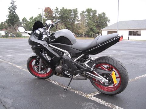 2008 Kawasaki Ninja R - Motorcycle with red wheels and black bodywork is parked outdoors.