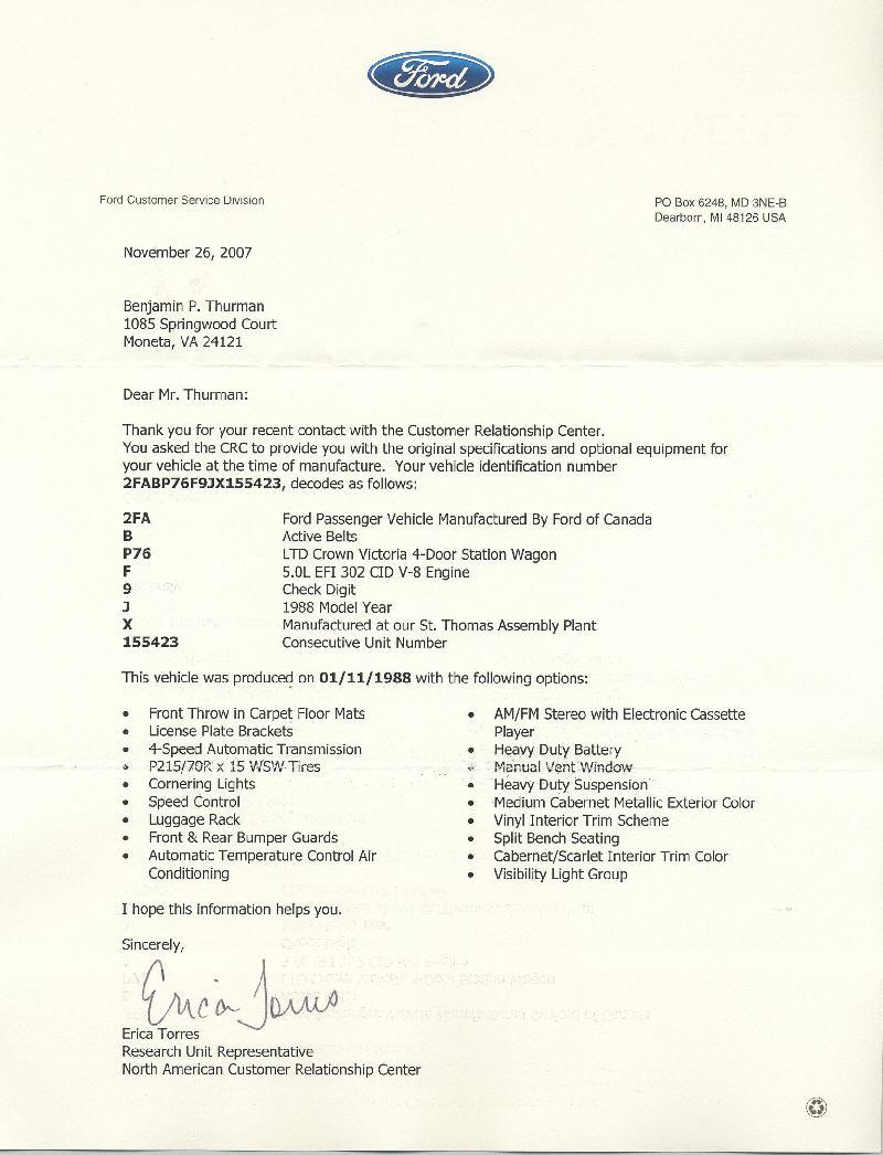 Ford letter decoding VIN for a 1988 LTD Crown Victoria wagon, listing build date and factory options
