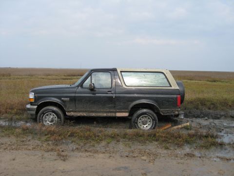 1994 Ford Bronco - A black Ford Bronco is stuck in the mud with a tan removable top and a spare tire on the back.