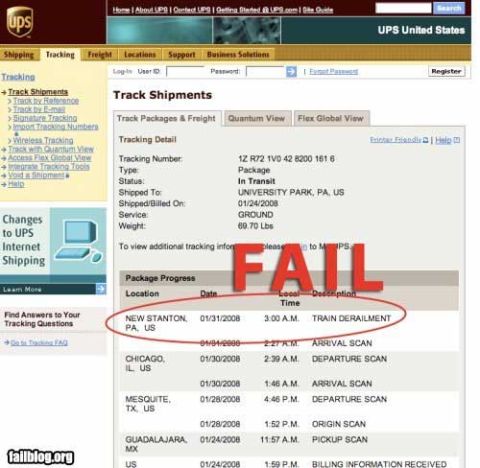2000 Mercury Grand Marquis - UPS tracking information indicates a package was involved in a train derailment.