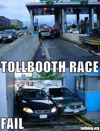 2000 Mercury Grand Marquis - A "tollbooth race" ends in a crash, with one car stuck against the booth and another beside it.