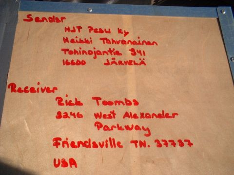 1969 Mercury Cyclone - A shipping label with handwritten sender and receiver addresses is shown.