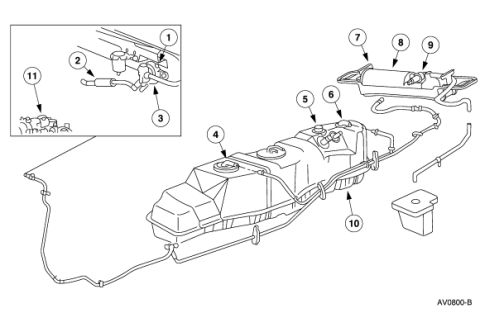 2007 Ford Mustang - Exploded parts illustration of a fuel tank, fuel and vapor lines, and charcoal canister assembly with numbered callouts.
