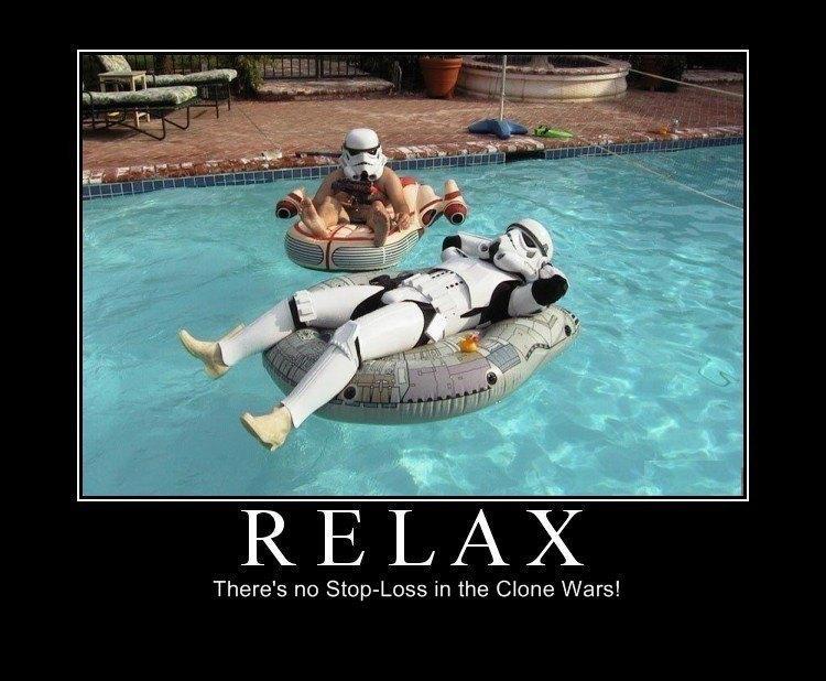 Stormtroopers relaxing in a swimming pool on inflatable rafts