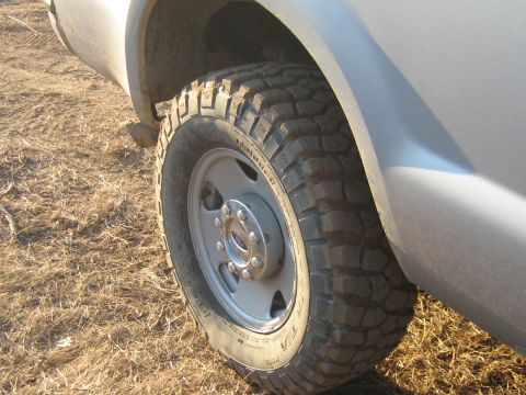 1990 Ford Bronco - Close-up of a silver SUV's rear wheel and fender, equipped with an off-road tire, parked on dry grass.