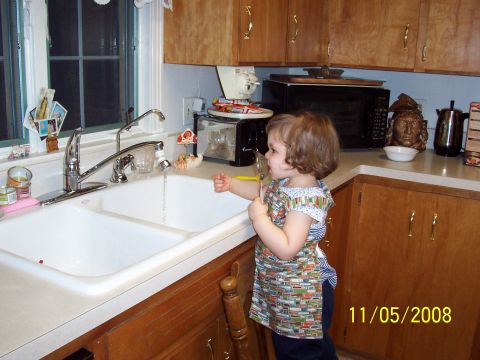 2000 Ford Crown Victoria - A young child stands at a double kitchen sink, playing with the running water.