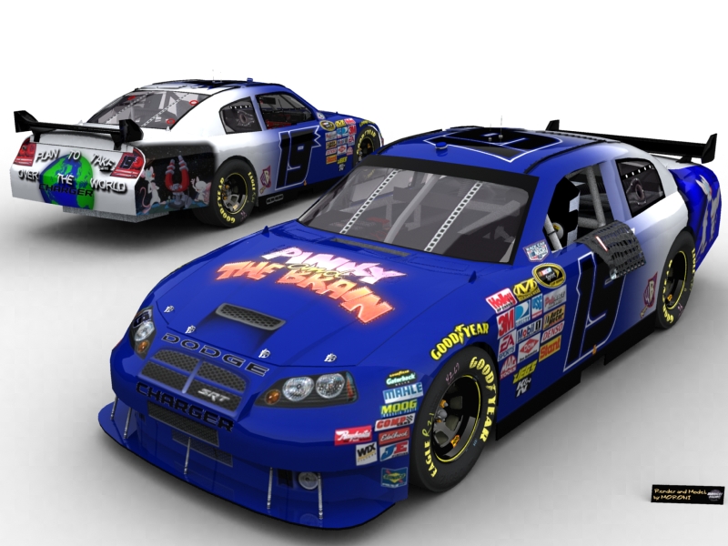 Blue and white race cars with 'Pinky the Brain' and 'Play to the Earth' graphics