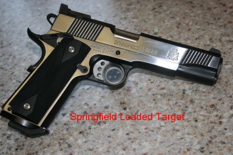 2007 Nissan Titan - Springfield Armory pistol with black grip and silver slide shown on a speckled surface.