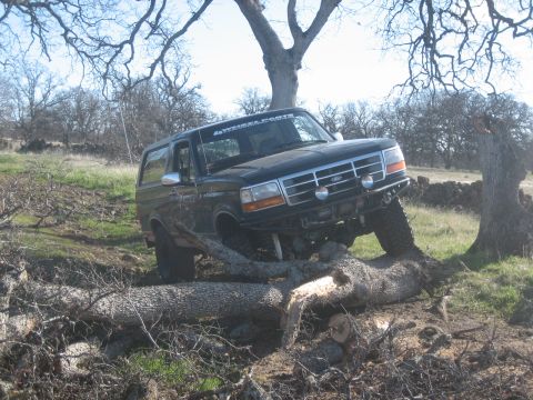 1995 Ford Bronco - A black Ford Bronco navigates a challenging off-road course, climbing over large fallen tree trunks.