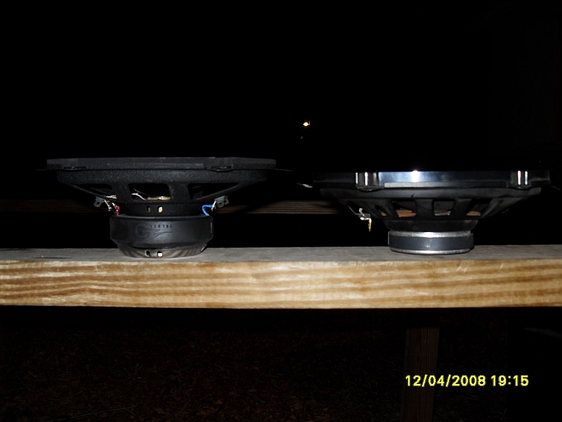 Two car speakers on a wooden plank.