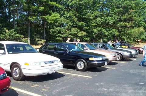 1991 Ford LTD Crown Victoria - A line of Ford Crown Victoria sedans are parked in a lot with trees in the background.