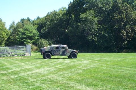 1991 Ford LTD Crown Victoria - A camouflaged Humvee sits on a manicured lawn, with a line of trees behind it.