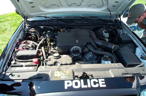 1991 Ford LTD Crown Victoria - The engine compartment of a police vehicle is open, revealing the V8 engine and associated components.