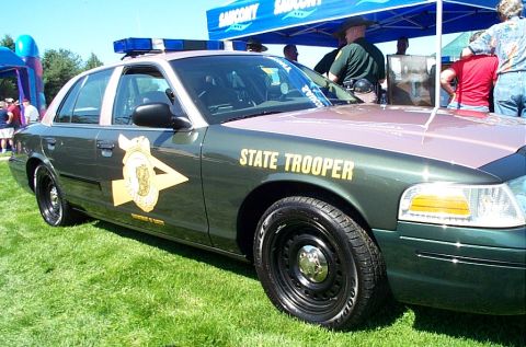 1991 Ford LTD Crown Victoria - Photograph of a green State Trooper Ford Crown Victoria police car parked on grass.