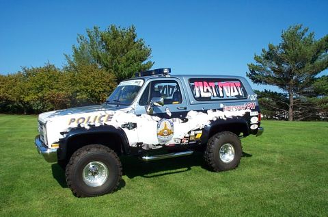 1991 Ford LTD Crown Victoria - Photograph of a lifted black-and-white Police Chevrolet K5 Blazer with custom graphics on grass.