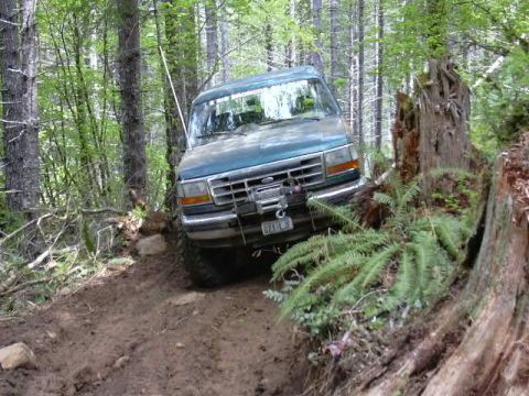 1991 Ford Bronco - This teal SUV, likely a 1992 Ford Bronco, navigates a challenging muddy path through a dense forest.
