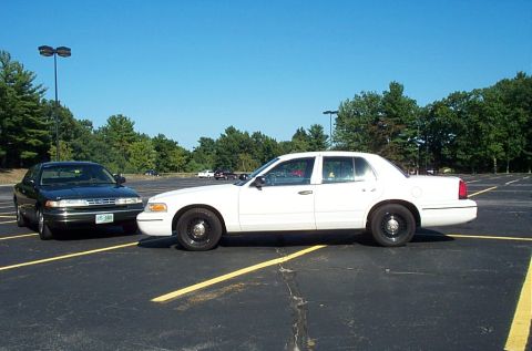 1991 Ford LTD Crown Victoria - Photograph of a white sedan parked beside a green sedan, not a technical document.