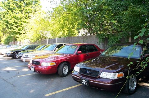 1991 Ford LTD Crown Victoria - A row of cars are parked in an outdoor lot under leafy trees.