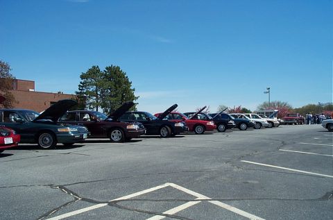 1991 Ford LTD Crown Victoria - Several cars are parked in a lot with their hoods up under a clear blue sky.